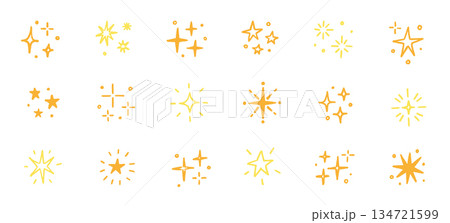Hand drawn star gold color spark element icon set. Cute star shape twinkle glitter spark shine crayon texture brush icon. Hand drawn sketch doodle. Yellow decoration background vector 134721599