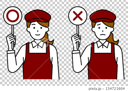 ○×マークを掲げるカフェの女性店員 134721604