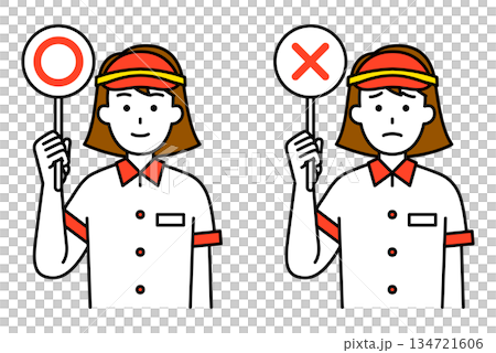 一名速食店女員工舉著一個圓圈/十字標記 134721606