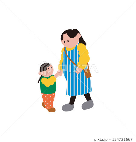 手をつないで歩く親子のイラスト素材 手をつないで歩く親子のイラスト素材 134721667