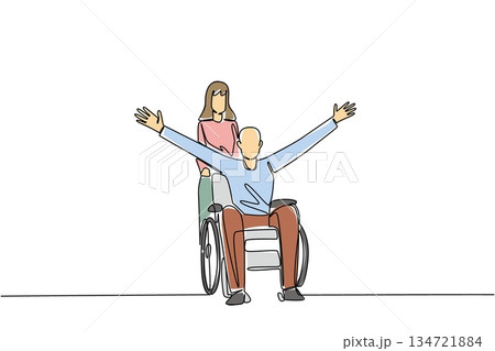 One line drawing of young woman pushing cancer survivor elderly man in a wheelchair with arms raised in joy, elder care concept. Empathetic care theme is related to National Random Acts of Light Day 134721884