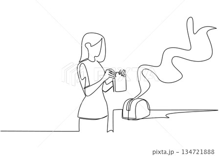 Single line draw of a woman looking confused and panicked as smoke billows from a toaster next to her, show burnt toast or other small kitchen failures. National Kitchen Klutzes of America Day event Single line draw of a woman looking confused and panicked as smoke billows from a toaster next to her, show burnt toast or other small kitchen failures. National Kitchen Klutzes of America Day event 134721888