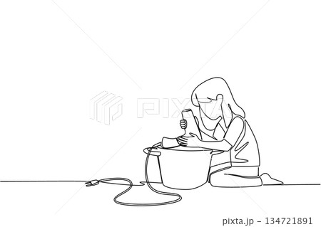 A girl kneels on floor blend in a bucket with a dangling cord in continuous line draw. National Kitchen Klutzes of America Day with a safety concept, stressing electricity, water, caution, and cleanup 134721891