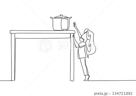 One line drawing of a young girl standing on tiptoes, stretching to reach a pot on a high shelf. Common kitchen challenge or potential mishap of reaching household from high table. Kitchen Klutzes Day 134721892