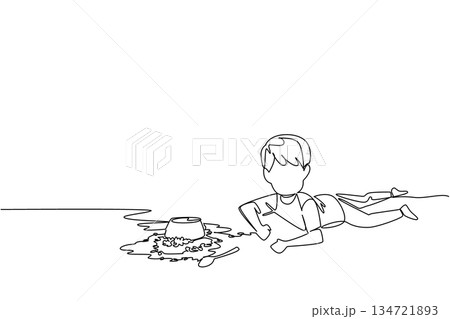 Single line drawing of a young boy fell off and lying on the floor next to a spilled bowl of food and a spoon. Common childhood mess or clumsy moment. National Kitchen Klutzes of America Day 134721893