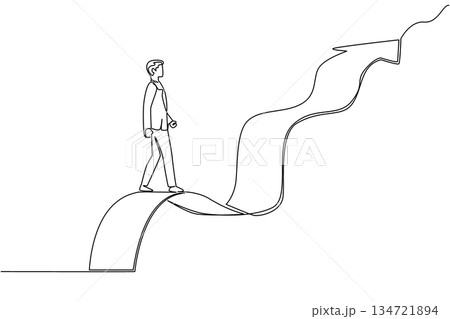 Continuous line draw of a businessman walking on a winding ribbon that ends in an upward pointing arrow. Success and dynamic, challenging career path. National Productive Business Civility Day event Continuous line draw of a businessman walking on a winding ribbon that ends in an upward pointing arrow. Success and dynamic, challenging career path. National Productive Business Civility Day event 134721894