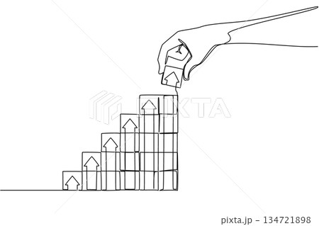 Single line drawing of a hand stacking blocks with rising upward arrow onto a staircase, a business concept of National Productive Business Civility Day event. Show teamwork, trust, efficiency, target 134721898