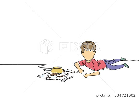 Continuous line drawing of boy lying on floor next to spilled cereal and milk creating a mess for kitchen disaster concept. Breakfast mishap theme is for National Kitchen Klutzes of America Day event. 134721902