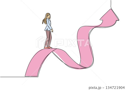 Single line drawing of businesswoman walking on wavy upward arrow, symbolize challenging career path for business concept. Resilience and progress theme for National Productive Business Civility Day 134721904