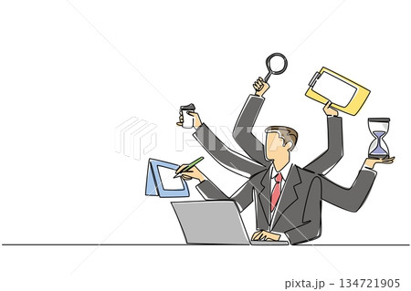 Continuous line drawing of multitasking businessman with many arms holding various office tools for business concept. Efficiency and productivity theme is for National Productive Business Civility Day 134721905