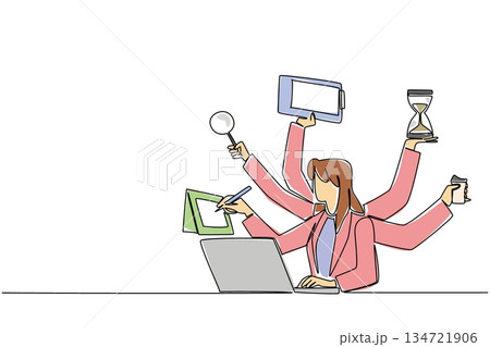 One line drawing of multitasking businesswoman with many arms holding various office tools for a business concept. Efficiency and productivity theme for National Productive Business Civility Day event 134721906