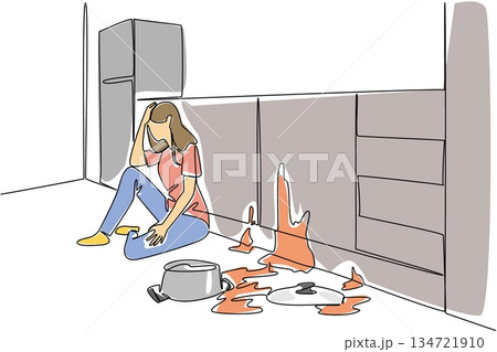 Continuous line drawing of woman sitting on floor in despair next to spilled pot of food for a kitchen disaster concept. Cooking failure theme is for National Kitchen Klutzes of America Day event Continuous line drawing of woman sitting on floor in despair next to spilled pot of food for a kitchen disaster concept. Cooking failure theme is for National Kitchen Klutzes of America Day event 134721910