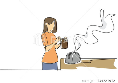 Continuous line drawing of woman remove burning bread from smoking toaster catastrophe for a kitchen disaster concept. Cooking tragedy mishap theme is for National Kitchen Klutzes of America Day event Continuous line drawing of woman remove burning bread from smoking toaster catastrophe for a kitchen disaster concept. Cooking tragedy mishap theme is for National Kitchen Klutzes of America Day event 134721912