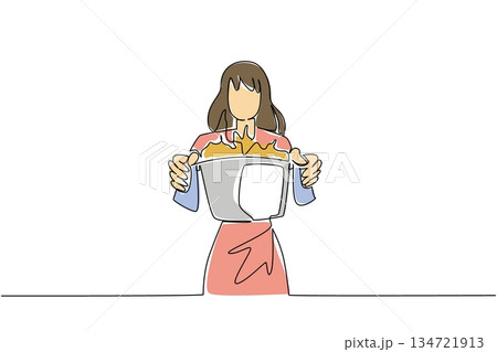One line drawing of woman holding an overflowing pot problem aggressively of food, for a kitchen disaster concept. This cooking mishap theme is for National Kitchen Klutzes of America Day event. One line drawing of woman holding an overflowing pot problem aggressively of food, for a kitchen disaster concept. This cooking mishap theme is for National Kitchen Klutzes of America Day event. 134721913