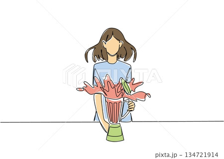 Single line drawing of a woman shocked next to an exploding blender with splashing drink for a kitchen disaster concept. This appliance mishap theme is for National Kitchen Klutzes of America Day. Single line drawing of a woman shocked next to an exploding blender with splashing drink for a kitchen disaster concept. This appliance mishap theme is for National Kitchen Klutzes of America Day. 134721914