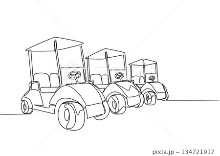 One line drawing of a row of three golf carts, receding into the distance, symbolizing multiple player golfers, a fleet of carts, or a busy golf course. National Golf Cart Day event One line drawing of a row of three golf carts, receding into the distance, symbolizing multiple player golfers, a fleet of carts, or a busy golf course. National Golf Cart Day event 134721917