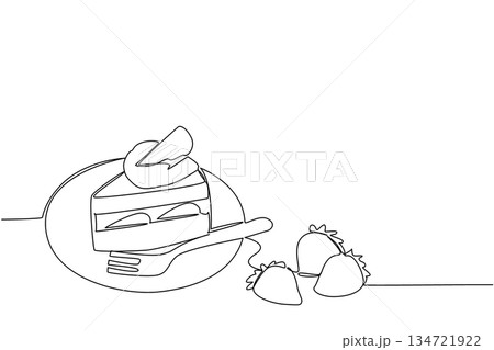 Single line drawing of a slice of strawberry shortcake with missing slice on a plate with a fork and loose strawberries, indicating it's ready to be eaten. National Strawberry Shortcake Day event. Single line drawing of a slice of strawberry shortcake with missing slice on a plate with a fork and loose strawberries, indicating it's ready to be eaten. National Strawberry Shortcake Day event. 134721922