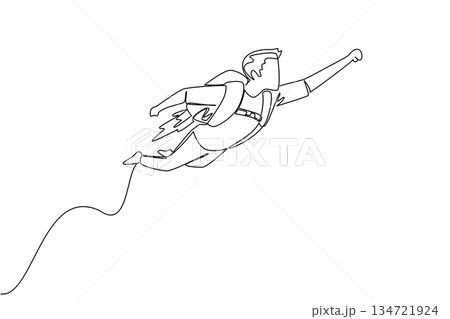 Continuous line drawing of a businessman flying upwards with a jetpack on his back, representing quick career progression and accelerated success. National Productive Business Civility Day 134721924