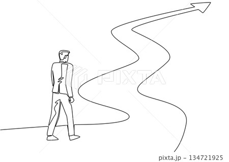 One line draw of businessman standing, looking at a long, winding and zigzag path that leads upward and ends in an arrow. Challenging journey toward success. National Productive Business Civility Day One line draw of businessman standing, looking at a long, winding and zigzag path that leads upward and ends in an arrow. Challenging journey toward success. National Productive Business Civility Day 134721925