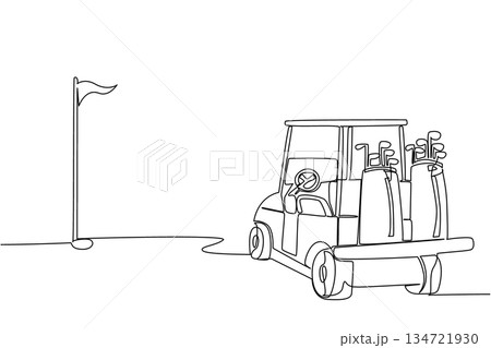 Single line drawing of a golf cart with golf bags in the back, facing away from a flag on a golf course, behind or rear view. Emphasizing the journey on the green. Golf Cart Day event Single line drawing of a golf cart with golf bags in the back, facing away from a flag on a golf course, behind or rear view. Emphasizing the journey on the green. Golf Cart Day event 134721930