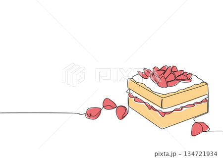 Single line drawing of square layered strawberry shortcake with whipped topping and berries on top, also scattered around plate, delightful dessert. Summer treat for National Strawberry Shortcake Day Single line drawing of square layered strawberry shortcake with whipped topping and berries on top, also scattered around plate, delightful dessert. Summer treat for National Strawberry Shortcake Day 134721934