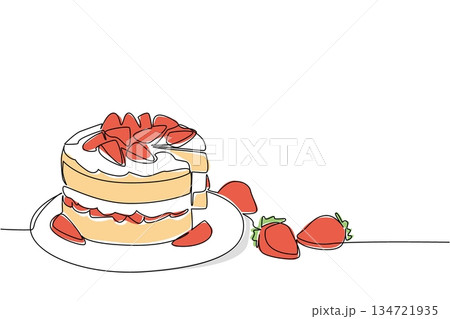 Continuous line drawing of a strawberry shortcake with a slice removed, showing layers of cream and fruit, with scattered fresh strawberries. Dessert celebration for National Strawberry Shortcake Day Continuous line drawing of a strawberry shortcake with a slice removed, showing layers of cream and fruit, with scattered fresh strawberries. Dessert celebration for National Strawberry Shortcake Day 134721935
