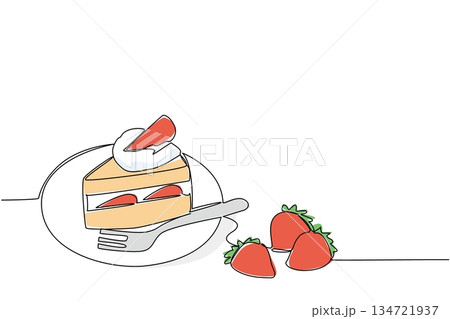 Continuous line drawing of a slice of strawberry shortcake on a round plate with a fork, topped with whipped cream and a berry, ready to eat. Delicious dessert for National Strawberry Shortcake Day. 134721937