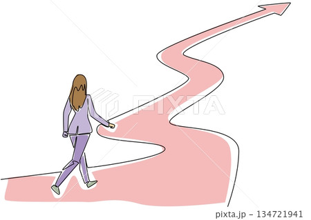 One line drawing of a businesswoman walking on long, winding upward arrow path, challenging career journey for business concept. Perseverance and growth for National Productive Business Civility Day 134721941