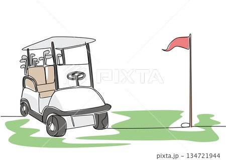 One line drawing vector of a golf cart with clubs in the back parks near a golf flag on the green, symbolizing a round of golf. Recreational sport theme is great for National Golf Cart Day ads. One line drawing vector of a golf cart with clubs in the back parks near a golf flag on the green, symbolizing a round of golf. Recreational sport theme is great for National Golf Cart Day ads. 134721944