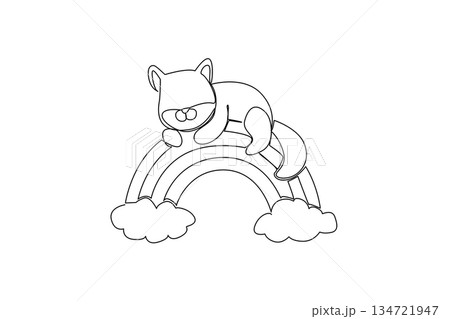 A sleepy cat hugs a rainbow with clouds in single line drawing, perfect for kids theme with a nature concept, mixing cozy pet vibes, imagination, and sweet nursery decor. 134721947