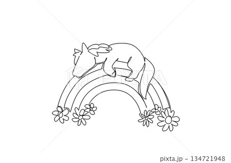 A sleepy cute pony horse hugs a rainbow with daisies in single line drawing, great for kids theme with a nature concept, uniting fantasy charm, color, imagination, and adorable nursery appeal. A sleepy cute pony horse hugs a rainbow with daisies in single line drawing, great for kids theme with a nature concept, uniting fantasy charm, color, imagination, and adorable nursery appeal. 134721948