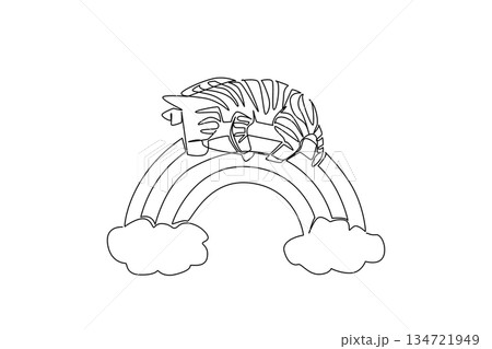 A zebra naps across a rainbow with clouds in continuous line drawing, tailored for kids theme with a nature concept, capturing stripes, color, imagination, and charming nursery decoration. A zebra naps across a rainbow with clouds in continuous line drawing, tailored for kids theme with a nature concept, capturing stripes, color, imagination, and charming nursery decoration. 134721949