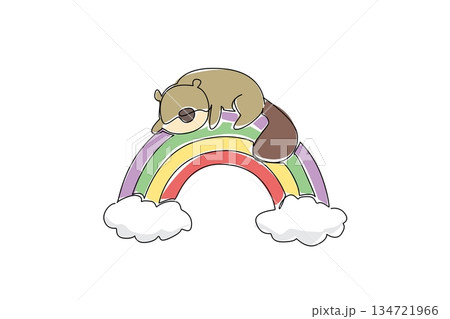 Continuous line drawing of sleepy beaver with a big tail lounges on a rainbow bridge resting on fluffy clouds. Woodland critter animal concept for camping or nature themed kids designs or nursery room Continuous line drawing of sleepy beaver with a big tail lounges on a rainbow bridge resting on fluffy clouds. Woodland critter animal concept for camping or nature themed kids designs or nursery room 134721966
