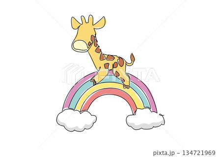 Single line drawing of cute tall giraffe sleeping on rainbow with cloud for wildlife concept. Minimalist animal design represents dreamy nature and colorful sky theme for nursery art, classroom poster 134721969