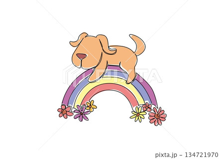 Continuous line drawing of a cute floppy eared puppy happily sleeping on a rainbow with flowers for a nature concept. Minimalist animal design represents dreamy relaxation and colorful sky theme. Continuous line drawing of a cute floppy eared puppy happily sleeping on a rainbow with flowers for a nature concept. Minimalist animal design represents dreamy relaxation and colorful sky theme. 134721970