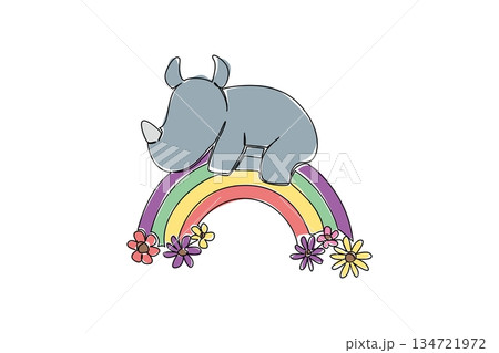 One line drawing of cute chubby rhino sleeping on a rainbow with flowers for fantasy concept. Minimalist animal design of dreamy relaxation and colorful sky theme for children books and zoo promotion 134721972