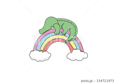 Single line drawing of cute crocodile sleeping on rainbow with clouds for a nature concept. Minimalist animal design represents dreamy relaxation and colorful sky theme for storybook and kids sticker 134721973