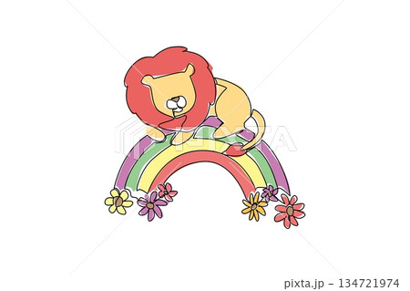 Continuous line drawing of fluffy maned cute lion curls up on a bright rainbow arch with daisy flowers blooming at both ends. Great for kids decor, jungle themed parties or storybook scenes 134721974