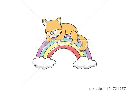 One line drawing of sleepy cat drapes itself over a pastel rainbow that floats between soft clouds. Ideal for pet cat lovers, cozy reading corners, or greeting cards featuring relaxed, cuddly vibes 134721977