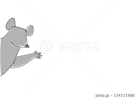 One line drawing of cute baby mouse waving hand to say hi for animal nature concept. This minimalist design represents wildlife and a happy friendly greeting theme style icon. 134721986