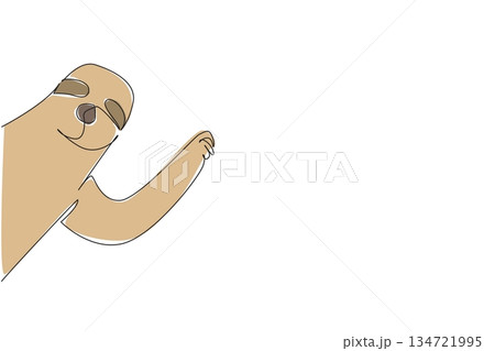 Continuous line drawing of a cute baby sloth waving long stretched hand to say hi for nature concept. This minimalist animal design represents wildlife and a happy friendly greeting symbol. 134721995