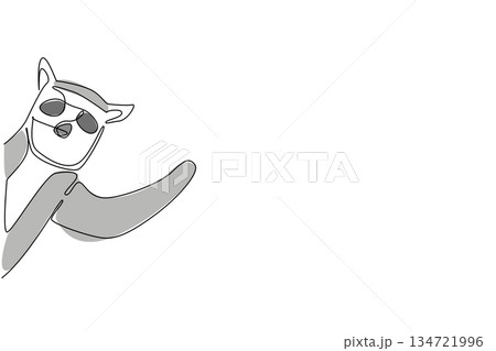 Single line drawing of a cute baby lemur waving hand to say hi for wildlife concept. This minimalist animal design represents nature and a happy friendly greeting theme style. Single line drawing of a cute baby lemur waving hand to say hi for wildlife concept. This minimalist animal design represents nature and a happy friendly greeting theme style. 134721996