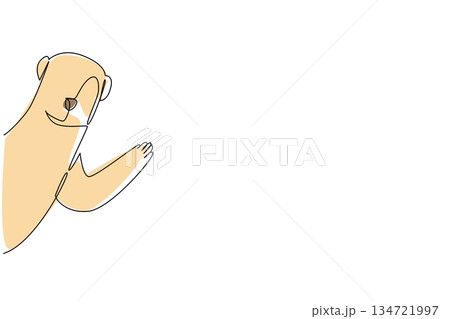 Single line drawing of a cute baby meerkat waving hand to say hi for nature concept. This minimalist animal design represents wildlife and a happy friendly greeting theme symbol. 134721997