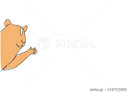 Continuous line draw of chubby hamster lean forward with tiny paw raised, cheerful expression saying hi. Perfect for pet shop ad, kids room prints, kawaii stationery, and playful social media stickers Continuous line draw of chubby hamster lean forward with tiny paw raised, cheerful expression saying hi. Perfect for pet shop ad, kids room prints, kawaii stationery, and playful social media stickers 134722000
