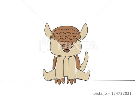 Continuous line drawing of a cute baby armadillo sitting down for wildlife concept. This minimalist animal design represents nature zoo life and a friendly adorable icon theme style. 134722021