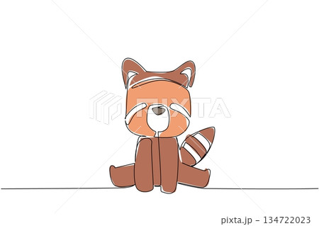 Continuous line drawing of a cute baby red panda sitting down for nature wildlife concept. This minimalist animal design represents zoo life and a friendly adorable icon symbol. 134722023
