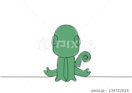 Single line drawing of a cute baby chameleon sitting down for nature wildlife concept. This minimalist animal design represents reptile zoo life and a friendly adorable icon symbol. 134722028
