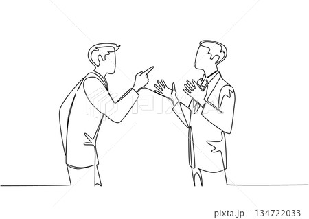 One line draw of two businessmen do argument, one pointing with hands raised in exasperation or defense, representing conflict and blame. Concept of international event National Blame Someone Else Day One line draw of two businessmen do argument, one pointing with hands raised in exasperation or defense, representing conflict and blame. Concept of international event National Blame Someone Else Day 134722033