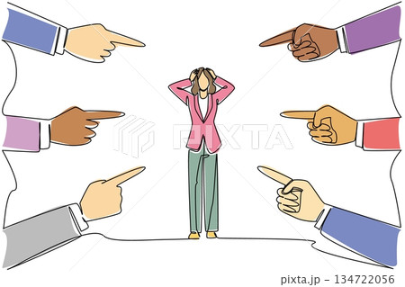Continuous line drawing of a man and woman in a conflict where she is pointing an accusing finger at him for social concept. This relationship blame theme is related to National Blame Someone Else Day Continuous line drawing of a man and woman in a conflict where she is pointing an accusing finger at him for social concept. This relationship blame theme is related to National Blame Someone Else Day 134722056