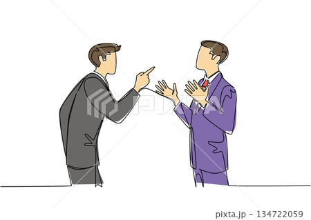 Continuous line drawing vector of a business men and blaming each other for a relationship conflict, social concept. This domestic quarrel theme is related to National Blame Someone Else Day event Continuous line drawing vector of a business men and blaming each other for a relationship conflict, social concept. This domestic quarrel theme is related to National Blame Someone Else Day event 134722059